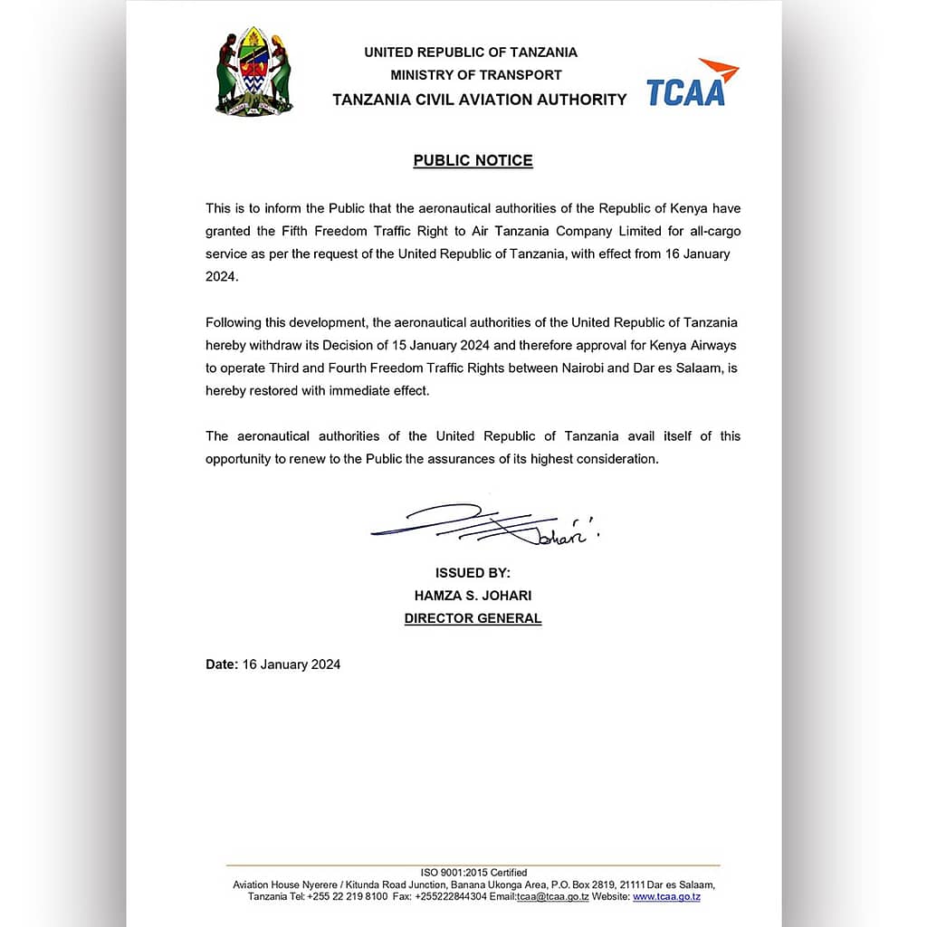 Tanzania Lifts Ban on Kenya Airways Flights News Central TV