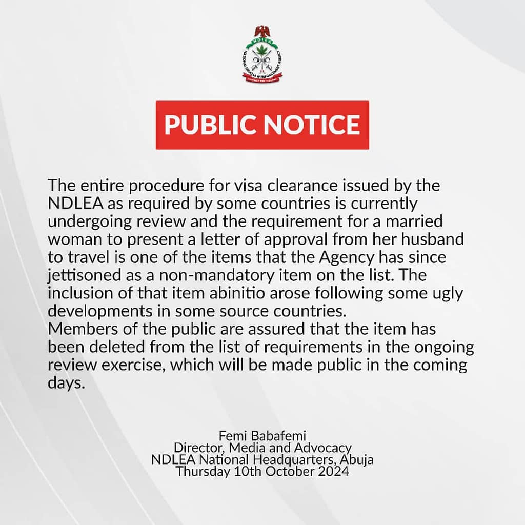 NDLEA Revises Visa Rules for Married Women After Public Outcry