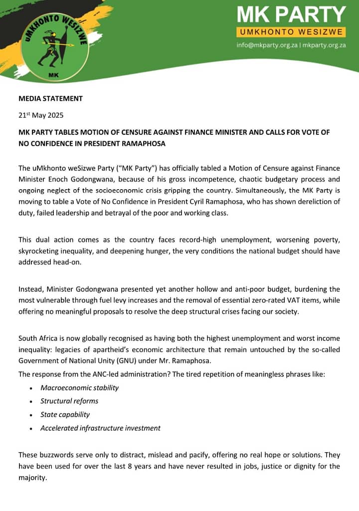 MK Party Seeks No-Confidence Vote in Ramaphosa