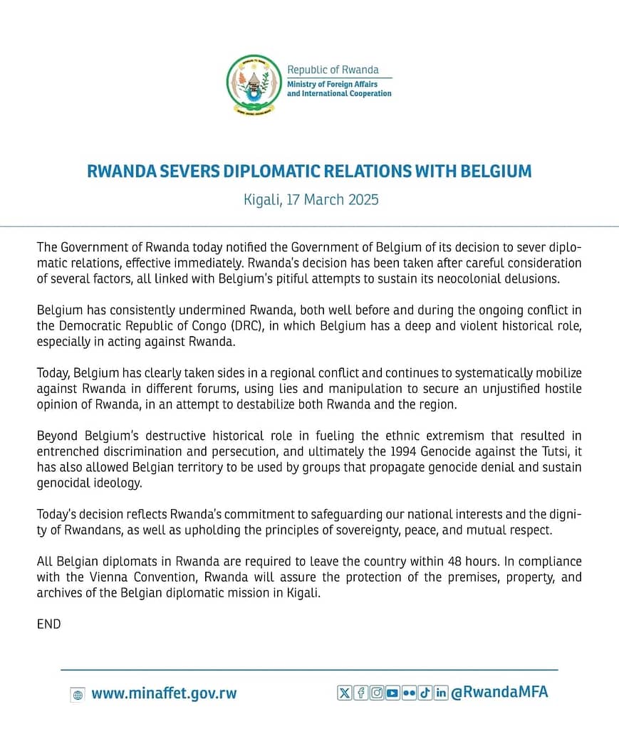 Rwanda Cuts Diplomatic Ties with Belgium Over DRC Conflict