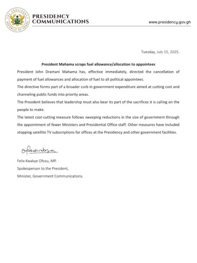 Ghana President Scraps Fuel Allowance for Appointees